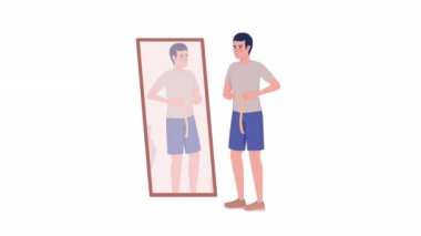 Animated sporty man in mirror front. Maintain waist. Full body flat person on white background with alpha channel transparency. Colorful cartoon style HD video footage of character for animation