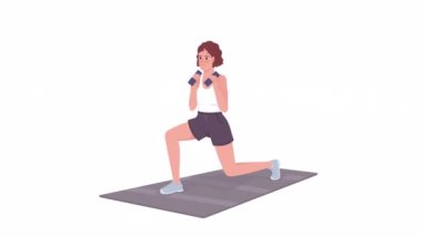Animated doing lunges with weights. Exercise on mat. Full body flat person on white background with alpha channel transparency. Colorful cartoon style HD video footage of character for animation