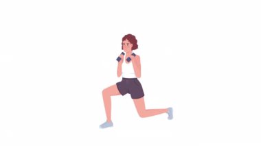 Animated dumbbell lunges workout. Lower body exercise. Full body flat person on white background with alpha channel transparency. Colorful cartoon style 4K video footage of character for animation