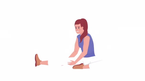 脚の筋肉を伸ばすアニメーションの女の子 柔軟性 アルファチャンネル透過性を持つ白い背景に完全なボディフラット人 カラフルな漫画スタイル4 K動画のキャラクターのアニメーション — ストック動画