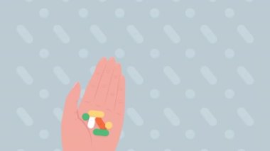 Animated nurse giving medication. Holding pills and glass of water. Looped flat color 2D cartoon first view hands animation with colorful background. Close up 4K video with alpha channel