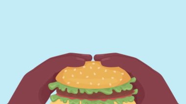 Animated eating fast food burger. Hamburger meal. Fresh-made cheeseburger. Looped flat color 2D cartoon first view hands animation with colorful background. Close up 4K video with alpha channel