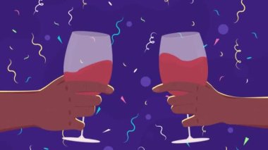 Animated celebratory toast tradition. Clinking glasses. Red wine drinking. Looped flat color 2D cartoon first view hands animation with colorful background. Close up 4K video with alpha channel