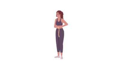Animated lady measuring waist. Body measurements. Full body flat person on white background with alpha channel transparency. Colorful cartoon style HD video footage of character for animation