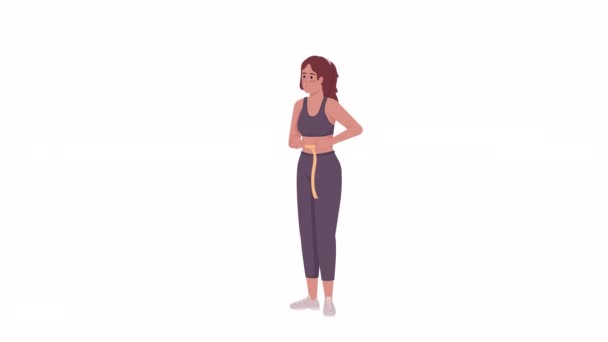 腰を測定するアニメーション女性 体の測定 アルファチャンネル透過性を持つ白い背景に完全なボディフラット人 カラフルな漫画スタイルアニメーションのための文字のHdビデオ映像 — ストック動画