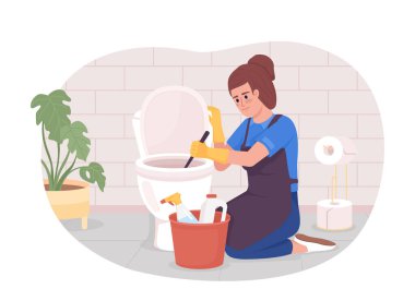 Professional bathroom cleaning service 2D vector isolated illustration. Housekeeper washing toilet flat character on cartoon background. Colorful editable scene for mobile, website, presentation