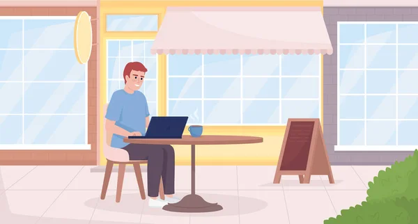 コーヒーショップテラスフラットカラーベクトルイラスト上のリモートワーカー ノートパソコンを持った男 カフェの外で男のフリーランサー カフェの外観を持つ完全に編集可能な2Dシンプルな漫画のキャラクターを背景に — ストックベクタ