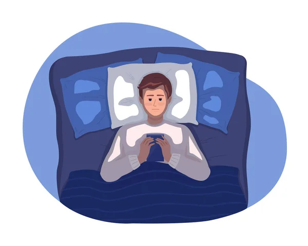 Bedtime Mobile Phone Use Vector Isolated Illustration Drowsy Boy Using — Vetor de Stock