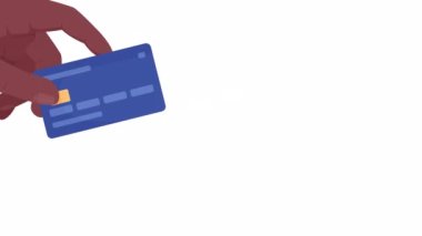 Animated swiping credit card. Purchase goods. Flat first view hand on white background with alpha channel transparency. Colorful cartoon style 4K video footage of closeup arm for animation