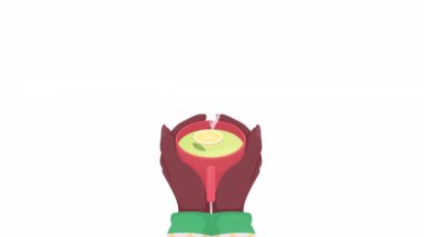 Animated holding mug with herbal tea. Comfort. Flat first view hands on white background with alpha channel transparency. Colorful cartoon style 4K video footage of closeup arms for animation