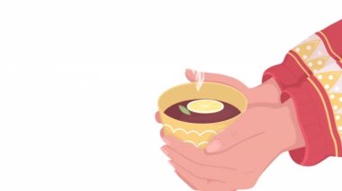 Animated fresh brewed tea with lemon. Give hot drink. Flat first view hands on white background with alpha channel transparency. Colorful cartoon style 4K video footage of closeup arms for animation
