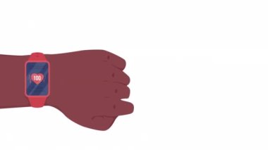 Animated monitor heart rate on wrist. Check pulse with watch. Flat first view hand on white background with alpha channel transparency. Colorful cartoon style 4K video footage of arm for animation