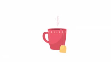 Animated red mug with tea bag. Drinking hot beverage. Brewing tea. Flat object on white background with alpha channel transparency. Colorful cartoon style 4K video footage of item for animation