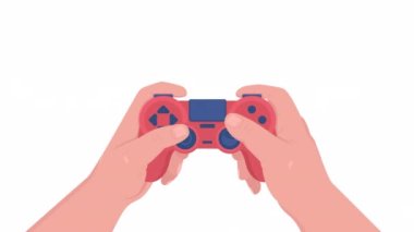 Animated playing with controller. Console game. Flat first view hands on white background with alpha channel transparency. Colorful cartoon style 4K video footage of closeup arms for animation