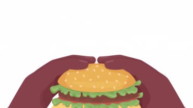 Animated holding cheeseburger. Squeezing juicy burger. Flat first view hands on white background with alpha channel transparency. Colorful cartoon style 4K video footage of closeup arms for animation