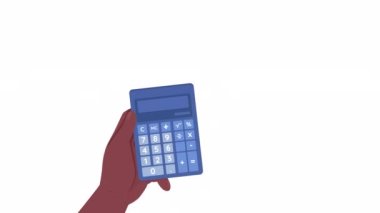 Animated holding calculator. Finance and accounting. Flat first view hand on white background with alpha channel transparency. Colorful cartoon style 4K video footage of closeup arm for animation