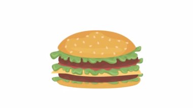 Animated juicy hamburger. Delicious fast food. Yummy burger recipe. Flat object on white background with alpha channel transparency. Colorful cartoon style 4K video footage of item for animation