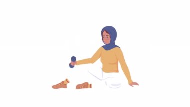 Animated modest woman exercising. Dumbbell workout. Full body flat person on white background with alpha channel transparency. Colorful cartoon style HD video footage of character for animation