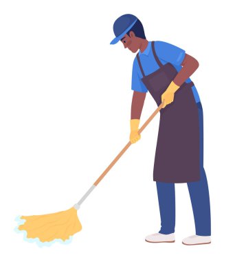 Male housekeeper mopping floor semi flat color vector character. Cleaning surface. Editable figure. Full body person on white. Simple cartoon style illustration for web graphic design and animation