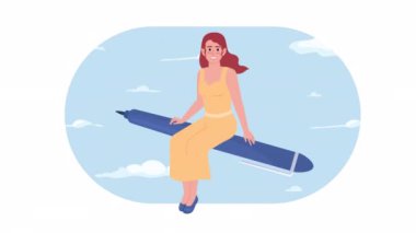 Animated education loader. Smiling woman sitting on pen. Looped flat 2D character 4K video footage. Color isolated loading progress animation with alpha channel transparency for website, social media