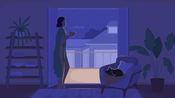 Animated Alone Cozy Night Loader Lady Cup Admire View Balcony — Stockvideo