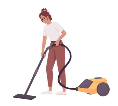 Young woman removing dirt with vacuum cleaner semi flat color vector character. Editable figure. Full body person on white. Simple cartoon style illustration for web graphic design and animation
