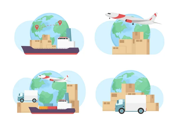 Cargo Shipping Modes World Flat Concept Vector Illustration Set Editable — Stock Vector