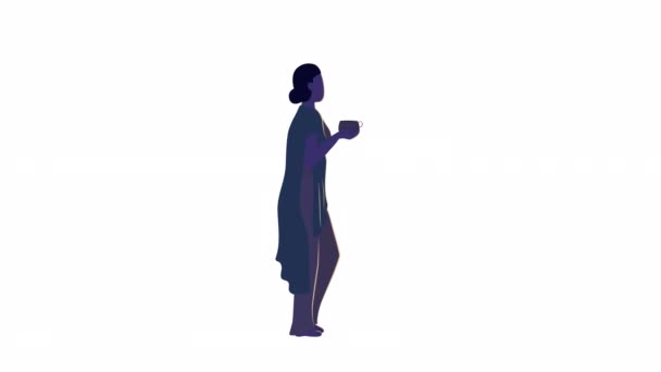 Animated Cozy Woman Drinking Tea Lady Cup Full Body Flat — Αρχείο Βίντεο