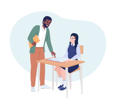 Support learner at school 2D vector isolated illustration. Male teacher explaining book to pupil flat characters on cartoon background. Colorful editable scene for mobile, website, presentation
