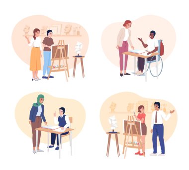 Student teacher communication 2D vector isolated illustration set. Educator helping pupil flat characters on cartoon background. Colorful editable scene pack for mobile, website, presentation