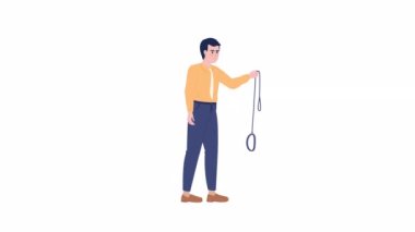 Animated displeased owner with leash. Dog escaping collar. Full body flat person on white background with alpha channel transparency. Color cartoon style 4K video footage of character for animation