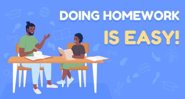 Parental homework involvement flat vector banner template. Doing assignments with parent easy poster, leaflet printable color designs. Editable flyer page with text space. Fredoka One font used