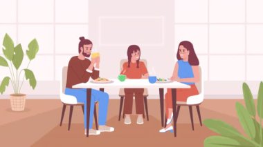 Animated family mealtime. Teenage girl asking parents for adopting dog. Looped flat color 2D cartoon characters animation with dining room interior on background. 4K video with alpha channel