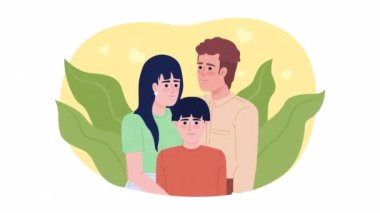 Animated parents affection. Child happiness. Looped flat 2D characters 4K video footage. Color isolated animation on white background with alpha channel transparency for website, social media