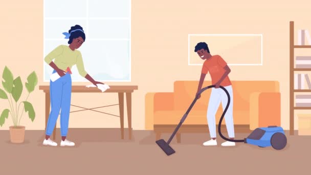Animated Dividing Household Chores Cleaning Routine Vacuuming Wiping Looped Flat — Vídeos de Stock