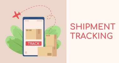Shipment tracking flat vector banner template. Checking package, parcel with mobile app poster, leaflet printable color designs. Editable flyer page with text space. Comfortaa Bold font used