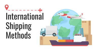International shipping methods flat vector banner template. Freight, parcel transportation poster, leaflet printable color designs. Editable flyer page with text space. Oswald Regular font used