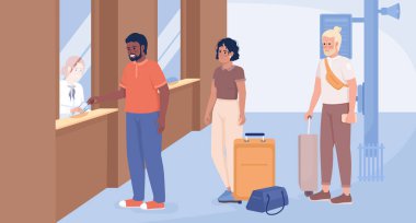 Buying flight tickets flat color vector illustration. Travelers with suitcases and belongings waiting in queue. Fully editable 2D simple cartoon characters with airport terminal interior on background
