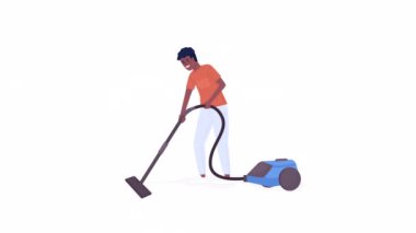Animated boy vacuuming floor. Household chore for adolescent. Full body flat person on white background with alpha channel transparency. Color cartoon style 4K video footage of character for animation