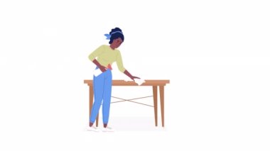 Animated woman wiping down surface. Cleaning task. Full body flat person on white background with alpha channel transparency. Color cartoon style 4K video footage of character for animation