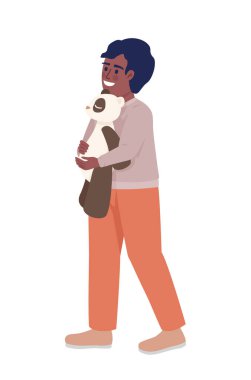 Tüylü oyuncak yarı düz renk vektör karakteri olan küçük erkek çocuk. Düzenlenebilir figür. Beyazın üzerinde tam vücut insan. Web grafik tasarımı ve animasyonu için basit çizgi film stili çizimi