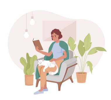 Hafta sonunu tek başına geçirmek 2D vektör yalıtımı. Battaniyeli kadın kitap okuyarak ve çizgi film arka planında kediyi okşayarak. Mobil, web sitesi ve sunum için renkli düzenlenebilir sahne