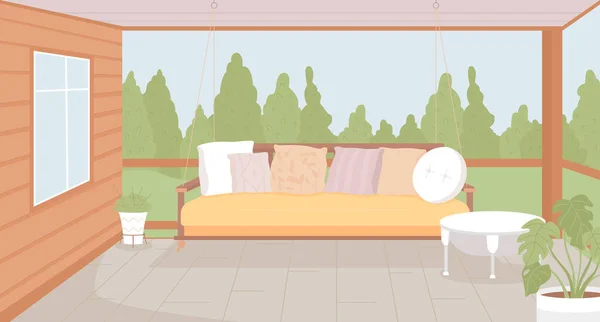 Cozy Terrace Furniture Flat Color Vector Illustration Hanging Garden Swing — Image vectorielle