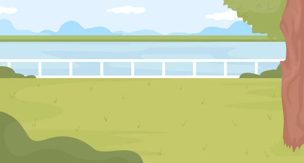 Perfect spot for picnic at park flat color vector illustration. Cozy place near lake. Recreation space with waterside scenery. Fully editable 2D simple cartoon landscape with river on background
