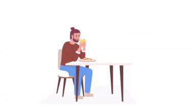 Animated man eating at dinner table. Guy drinking coffee. Full body flat person on white background with alpha channel transparency. Color cartoon style 4K video footage of character for animation