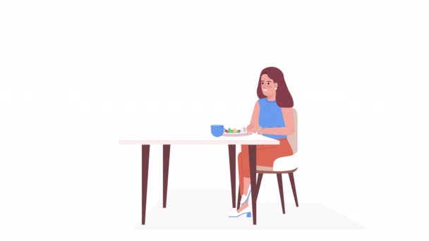 Animated Woman Talking Dinner Enjoying Salad Meal Full Body Flat — Stock Video