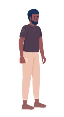 Cep telefonu yarı düz renk vektör karakterli günlük kıyafetli sakallı adam. Düzenlenebilir figür. Beyazın üzerinde tam vücut insan. Web grafik tasarımı ve animasyonu için basit çizgi film stili çizimi