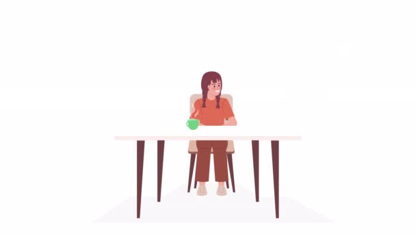 Animated Girl Talking Dog Conversation Dinner Table Flat Person White — Stock Video