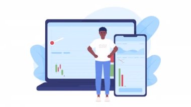 Animated trading platforms. Investor beginner. Investment app. 4K video footage. Concept animation. Looped 2D cartoon flat character on white with alpha channel transparency for web design