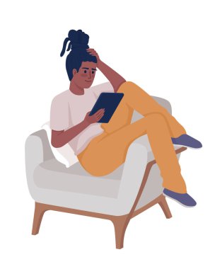 Young woman lying in armchair with tablet device semi flat color vector character. Editable figure. Full body person on white. Simple cartoon style illustration for web graphic design and animation